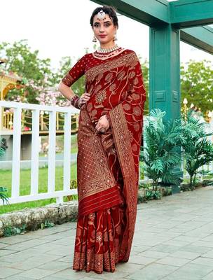 maroon & gold toned woven design floral zari organza saree 1