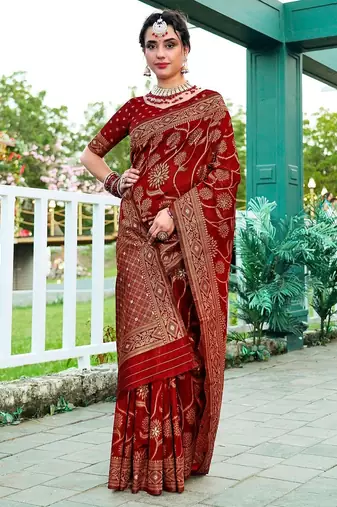 maroon & gold toned woven design floral zari organza saree