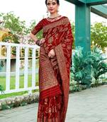 maroon & gold toned woven design floral zari organza saree