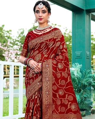 maroon & gold toned woven design floral zari organza saree 3