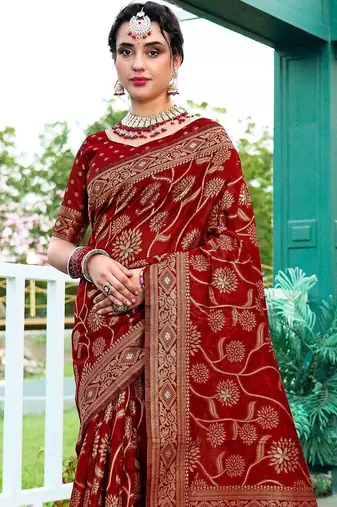 maroon & gold toned woven design floral zari organza saree