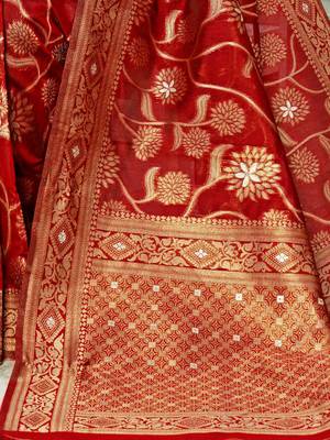 maroon & gold toned woven design floral zari organza saree 4