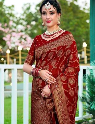 maroon & gold toned woven design floral zari organza saree 5
