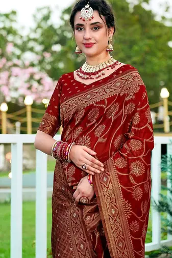 maroon & gold toned woven design floral zari organza saree