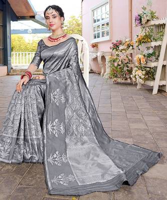 grey ethnic motifs woven design zari organza saree 3