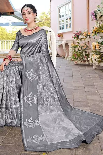 grey ethnic motifs woven design zari organza saree