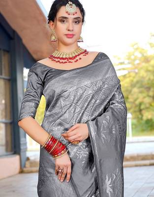 grey ethnic motifs woven design zari organza saree 4