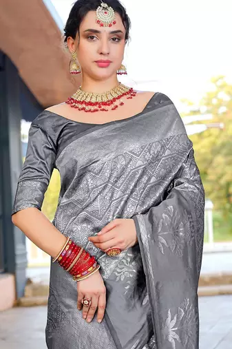 grey ethnic motifs woven design zari organza saree