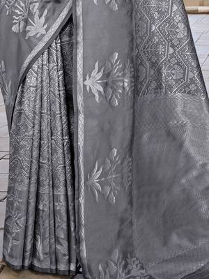 grey ethnic motifs woven design zari organza saree 5