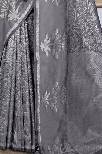grey ethnic motifs woven design zari organza saree
