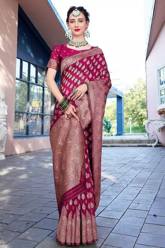 pink & gold-toned ethnic motifs woven design zari saree