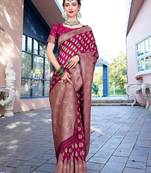 pink & gold-toned ethnic motifs woven design zari saree