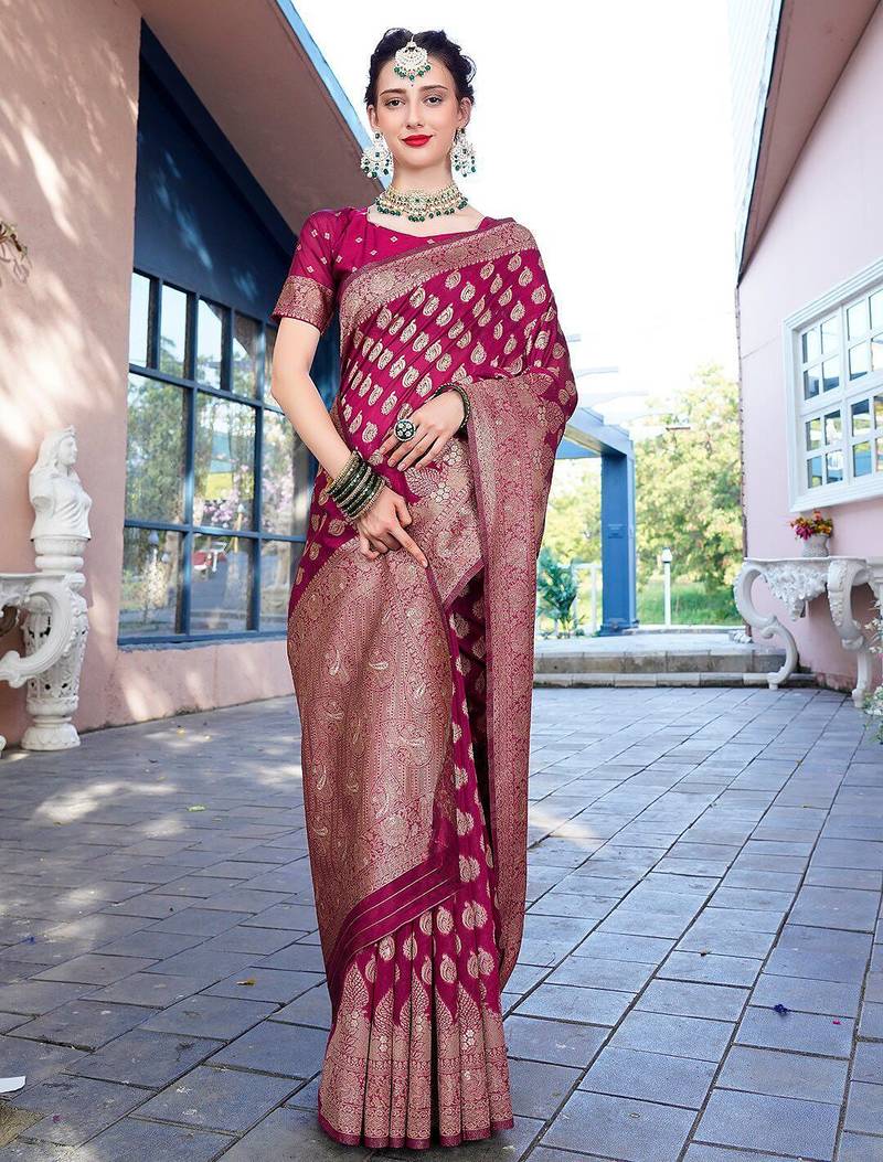 pink & gold-toned ethnic motifs woven design zari saree