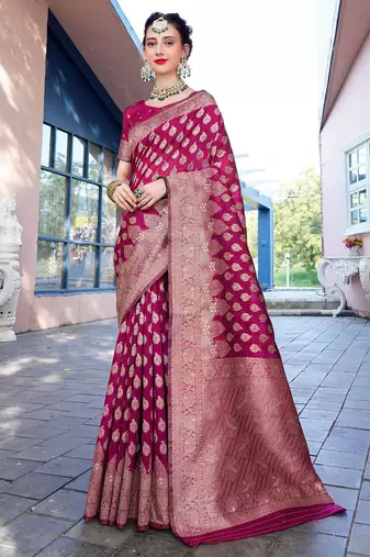 pink & gold-toned ethnic motifs woven design zari saree