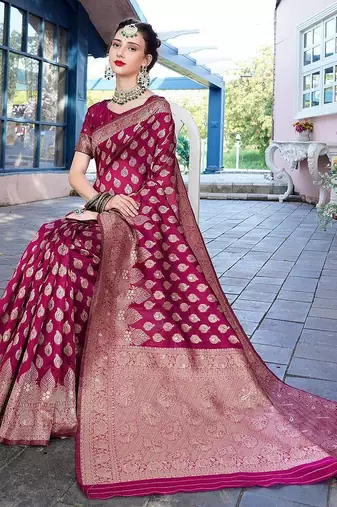 pink & gold-toned ethnic motifs woven design zari saree