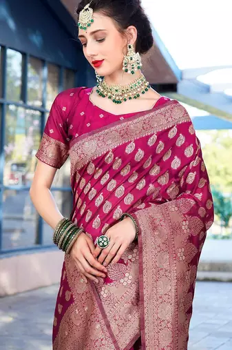 pink & gold-toned ethnic motifs woven design zari saree