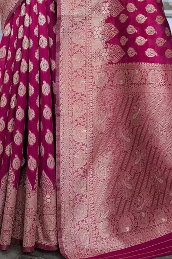 pink & gold-toned ethnic motifs woven design zari saree