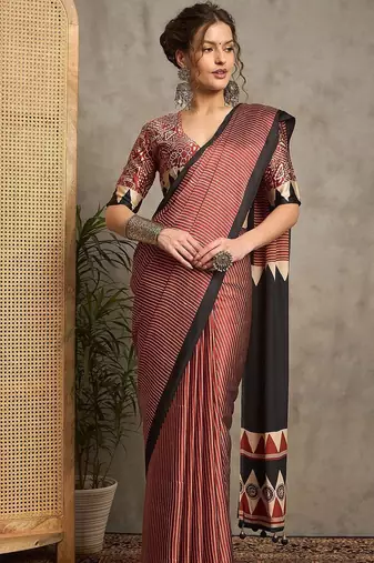 maroon striped block print saree