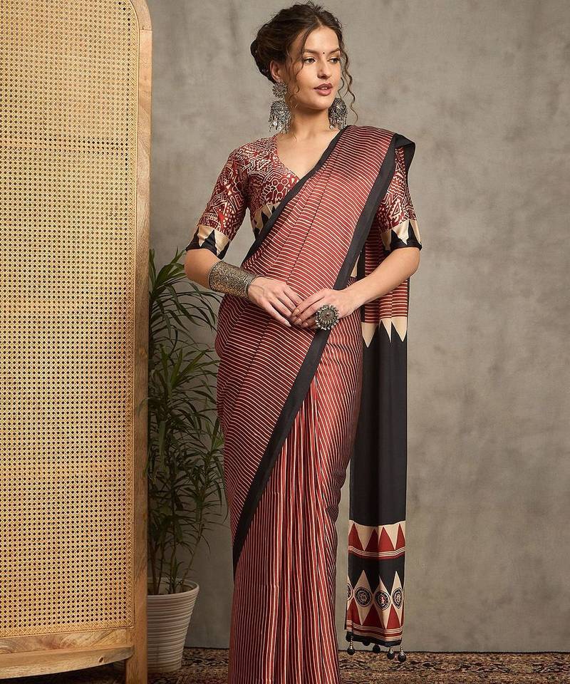maroon striped block print saree