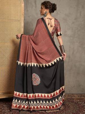 maroon striped block print saree 2