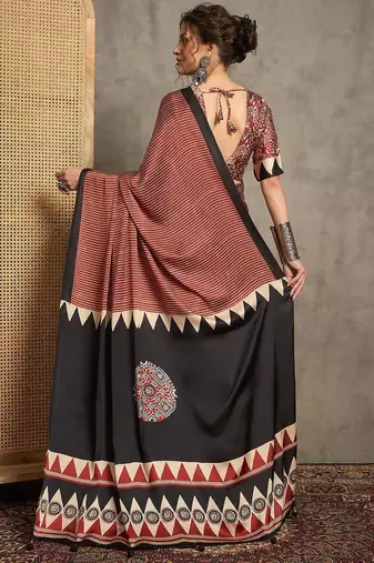 maroon striped block print saree