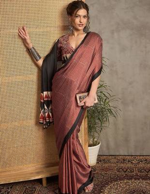 maroon striped block print saree 3