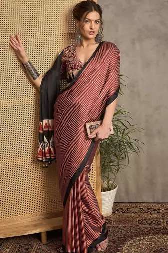 maroon striped block print saree