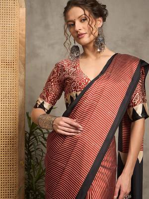 maroon striped block print saree 4