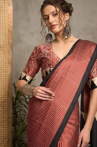 maroon striped block print saree