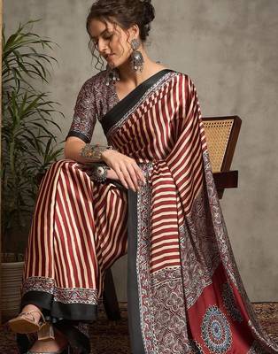 maroon striped crepe block print saree 1