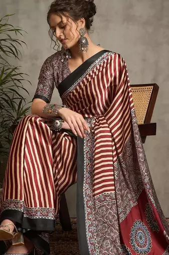 maroon striped crepe block print saree