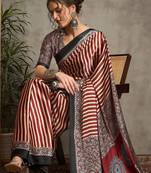 maroon striped crepe block print saree