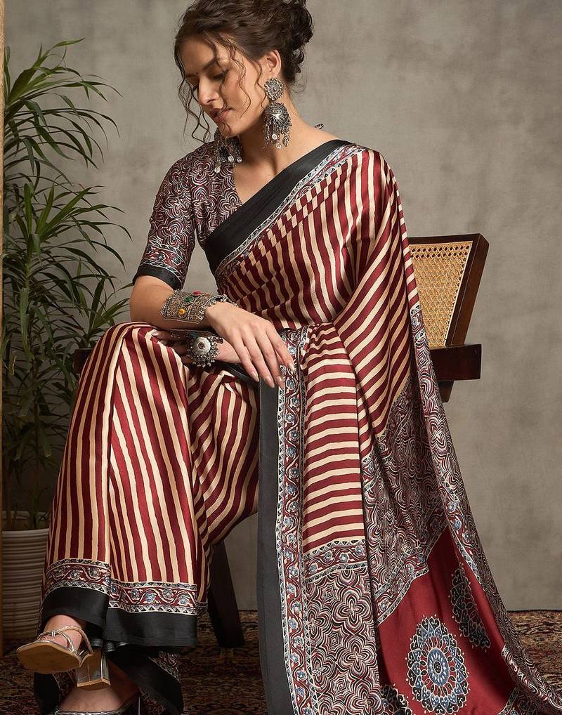 maroon striped crepe block print saree