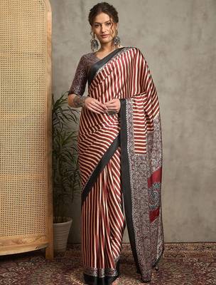 maroon striped crepe block print saree 2