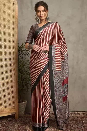 maroon striped crepe block print saree