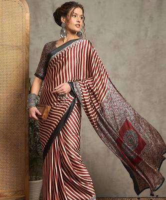 maroon striped crepe block print saree 3