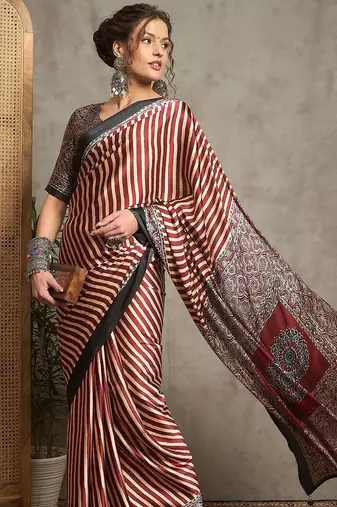 maroon striped crepe block print saree
