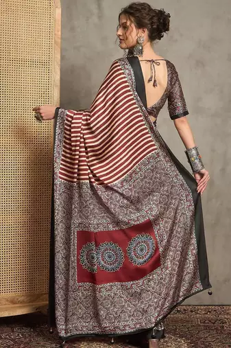 maroon striped crepe block print saree