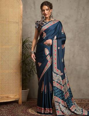 teal ethnic motifs printed crepe block print saree 1