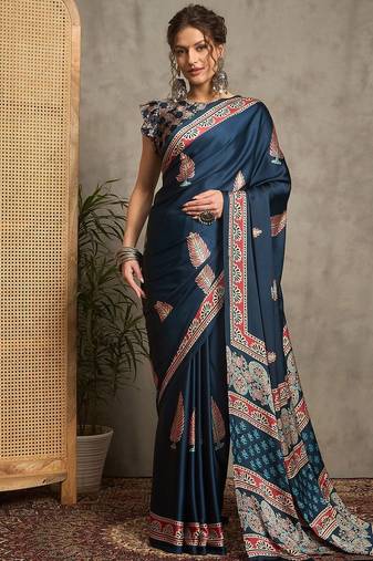 teal ethnic motifs printed crepe block print saree