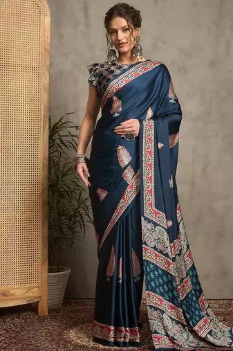 teal ethnic motifs printed crepe block print saree