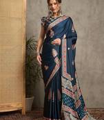 teal ethnic motifs printed crepe block print saree