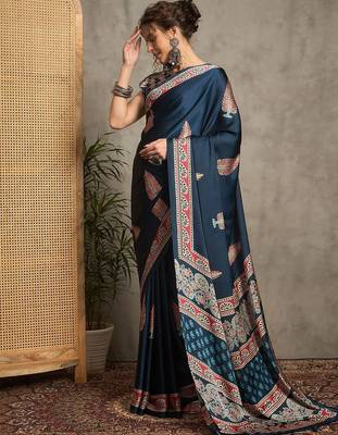 teal ethnic motifs printed crepe block print saree 2