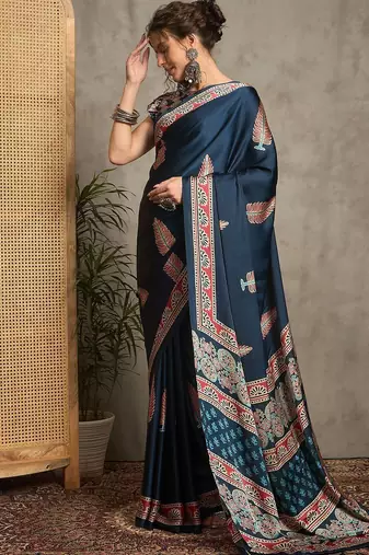 teal ethnic motifs printed crepe block print saree