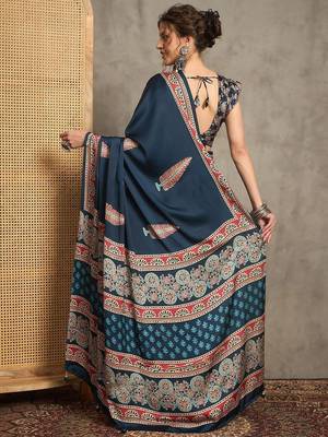 teal ethnic motifs printed crepe block print saree 3