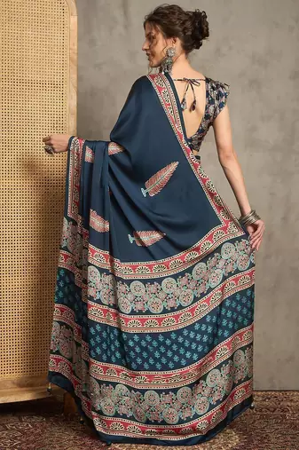 teal ethnic motifs printed crepe block print saree