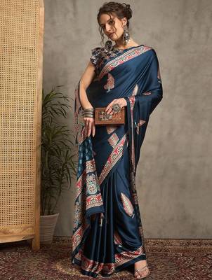 teal ethnic motifs printed crepe block print saree 4