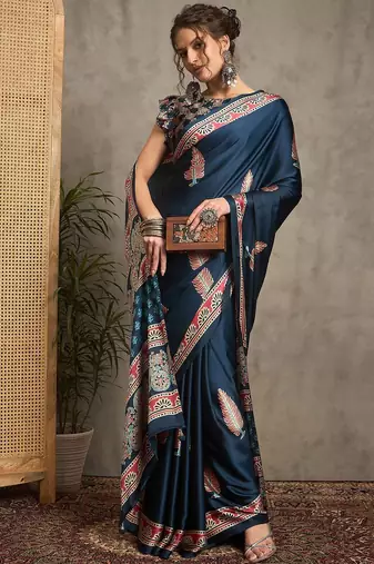 teal ethnic motifs printed crepe block print saree