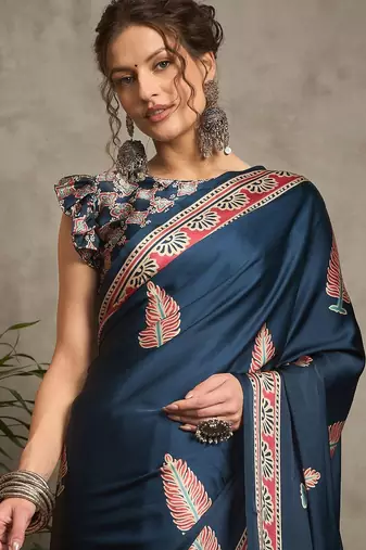 teal ethnic motifs printed crepe block print saree