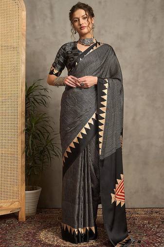 black striped printed crepe block print saree with unstitched blouse piece